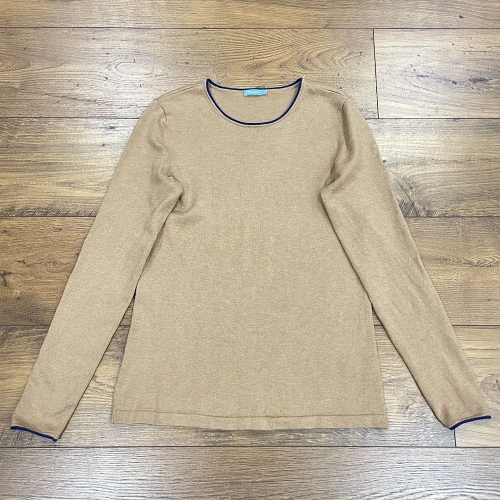 J. McLaughlin Sweater Womens Small Tan Blue Contrast Trim Pullover Crewneck